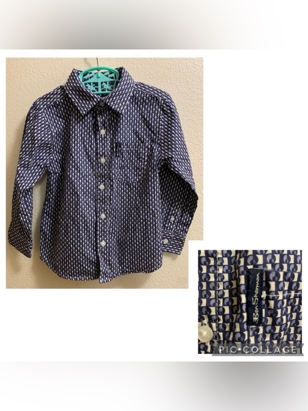 Ben Sherman Navy and White Patterned Button Down Dress Shirt 3T Cotton Easter